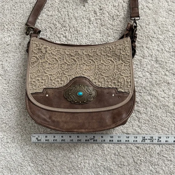 Justin Crossbody Brown and Cream Lace with Turquoise Stone - Picture 9 of 11